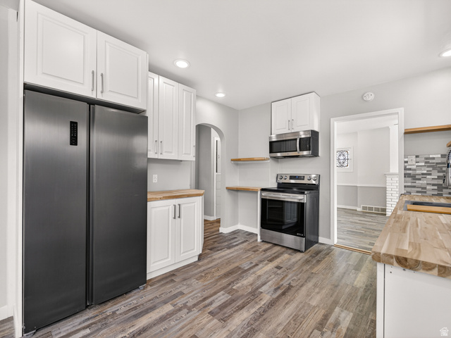 74 South 300 East Springville, UT 84663 - Photo 9 of 48 Kitchen featuring wood-finish flooring, white cabinetry, and wood countertops