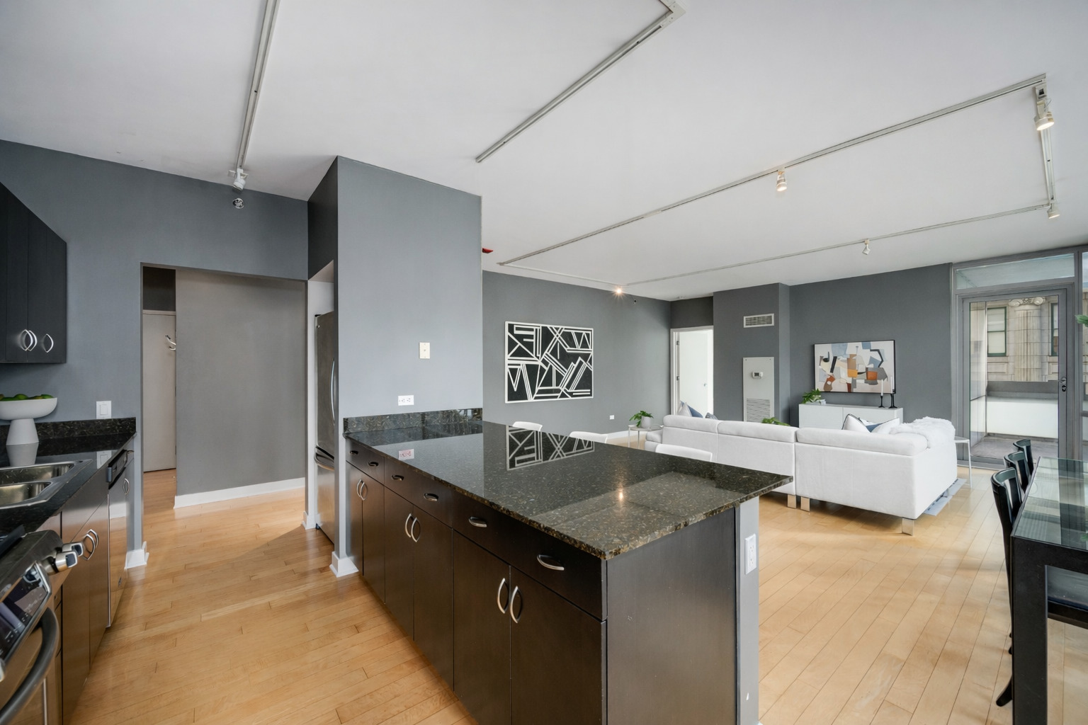 8 East Randolph Street, Unit 1208 Chicago, IL 60601 - Photo 9 of 27 a kitchen with sink cabinets and living room