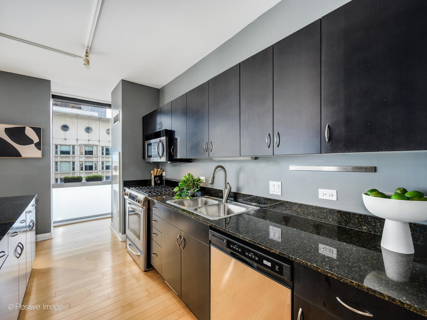 8 East Randolph Street, Unit 1208 Chicago, IL 60601 - Photo 10 of 27 a kitchen with granite countertop stainless steel appliances a sink stove top oven and cabinets