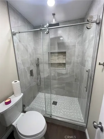 a bathroom with a shower and toilet