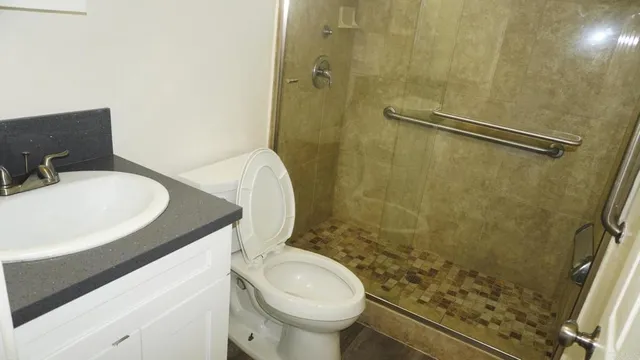a bathroom with a sink a toilet and shower