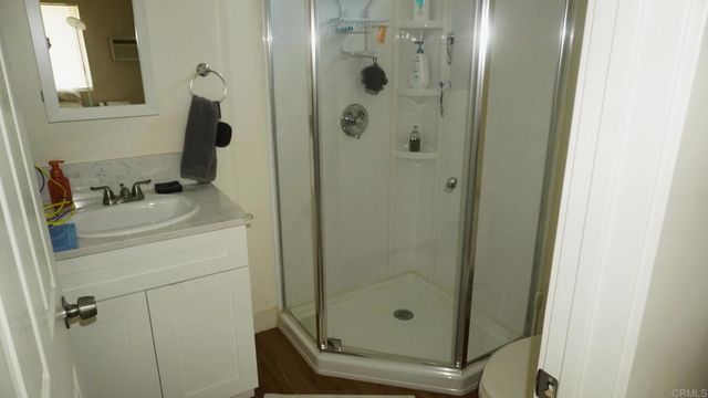 a bathroom with a shower a sink and mirror