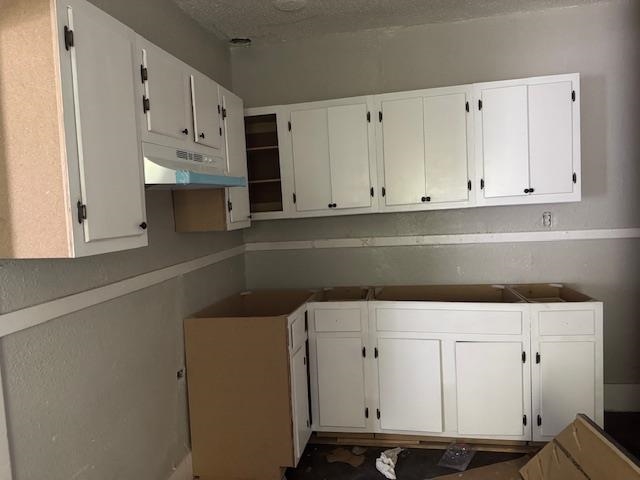 1559 Harrison Street Memphis, TN 38108 - Photo 4 of 11 Kitchen with white cabinets, a textured ceiling, and under cabinet range hood