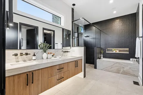 a outdoor space with patio furniture and a fireplace