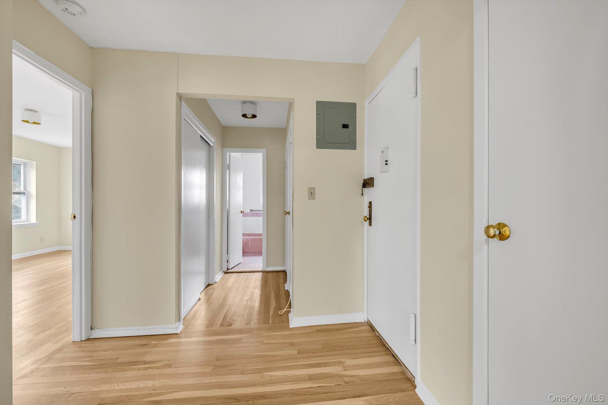 Corridor with light wood-style flooring and electric panel
