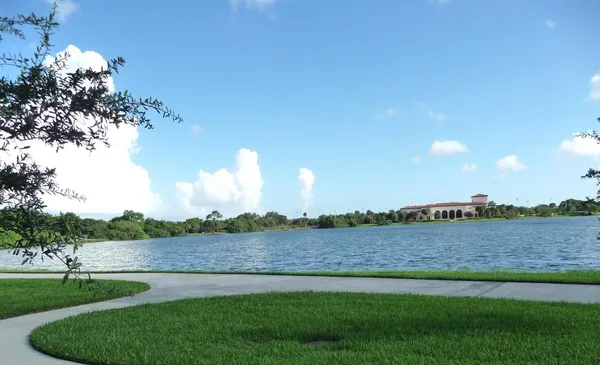 a view of a lake and a yard