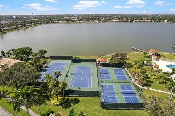 a aerial view of a yard with chairs