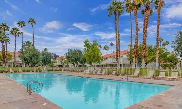a view of a swimming pool with a lawn chairs and palm tree