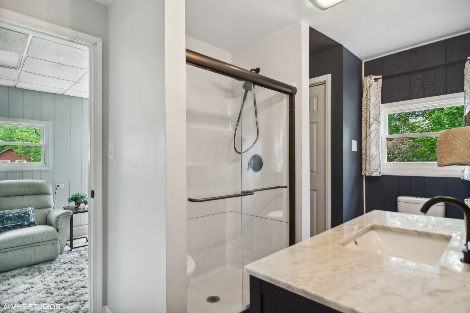 3524 West Long Grove Road Long Grove, IL 60047 - Photo 46 of 53 a bathroom with a granite countertop sink a mirror and shower