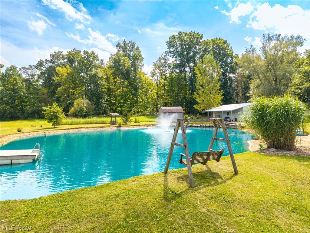 7996 Buffham Road Lodi, OH 44254 - Photo 14 of 40 Expansive pond with a fountain feature, surrounded by mature trees and a manicured lawn