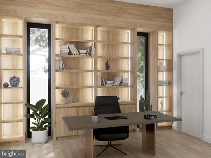 a workspace with furniture and window