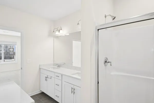 a bathroom with a double vanity sink a mirror and a shower