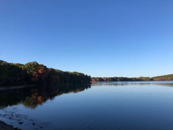 a view of lake with green space