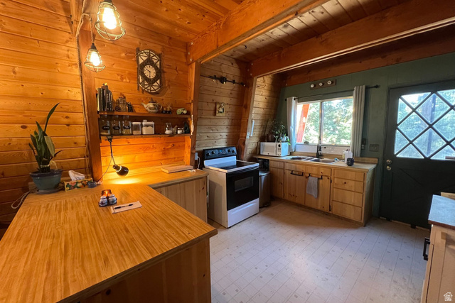 140 East Rim Road Duck Creek Village, UT 84762 - Photo 4 of 45 Kitchen with electric stove, light countertops, wooden walls, a wooden ceiling with exposed beams, and a peninsula