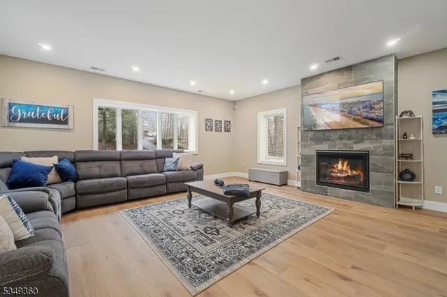 a living room with furniture and a fireplace