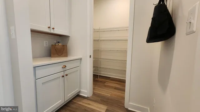 a walk in closet with wooden floor