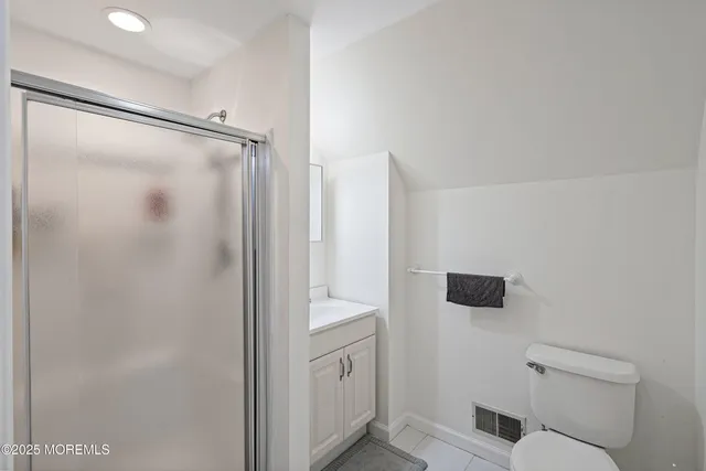 a bathroom with a shower and a toilet
