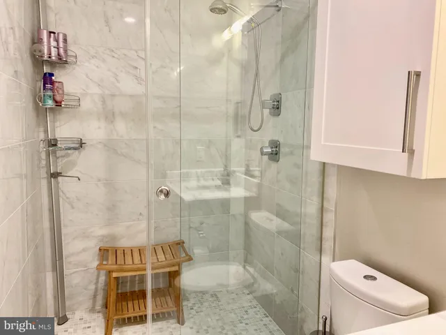 a bathroom with a shower and toilet