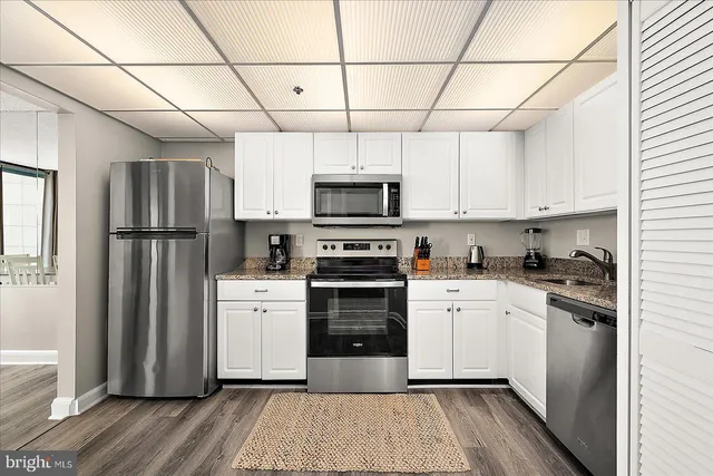 a kitchen with stainless steel appliances granite countertop a stove a refrigerator and a microwave