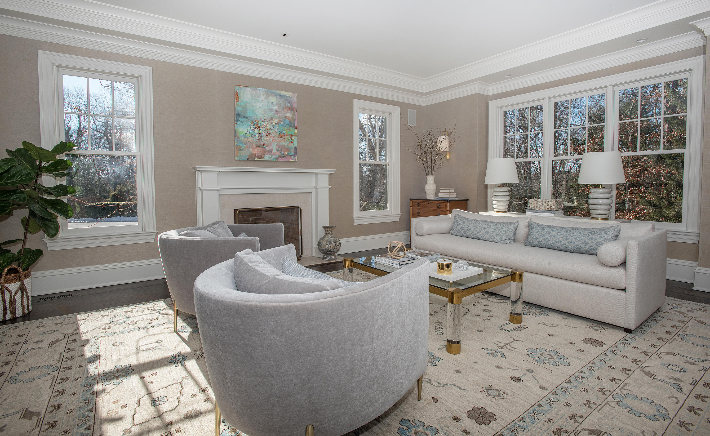 1629 Ponus Ridge Road New Canaan, CT 06840 - Photo 6 of 51 a living room with furniture a fireplace and a potted plant