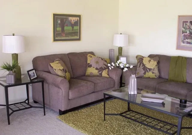 a living room with furniture and a lamp