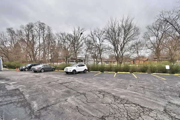 a view of backyard with parked cars
