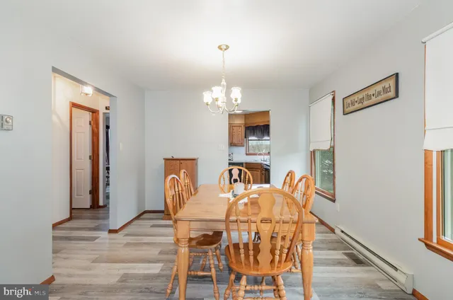a view of a dining room with furniture and wooden floor