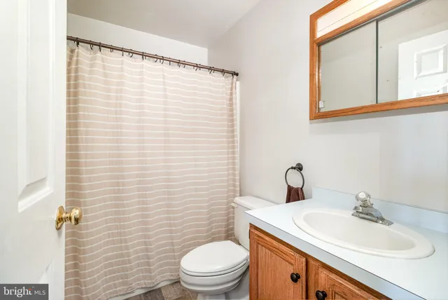 a bathroom with a sink a toilet and shower curtain
