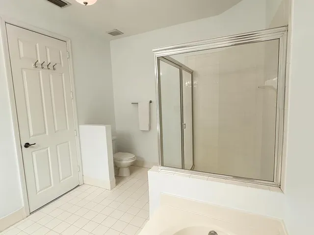 a bathroom with a shower and a toilet