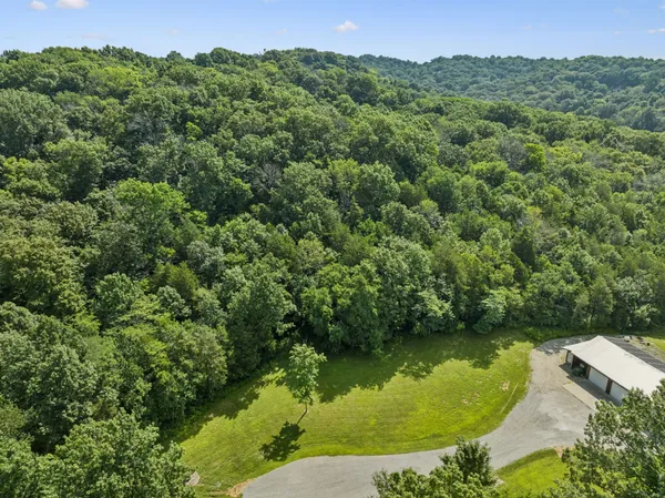an aerial view of residential houses with outdoor space and trees all around