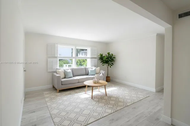 a living room with furniture and a potted plant