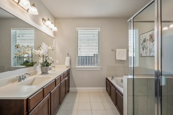 a bathroom with a tub sink and mirror