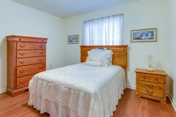 a bedroom with a bed and furniture