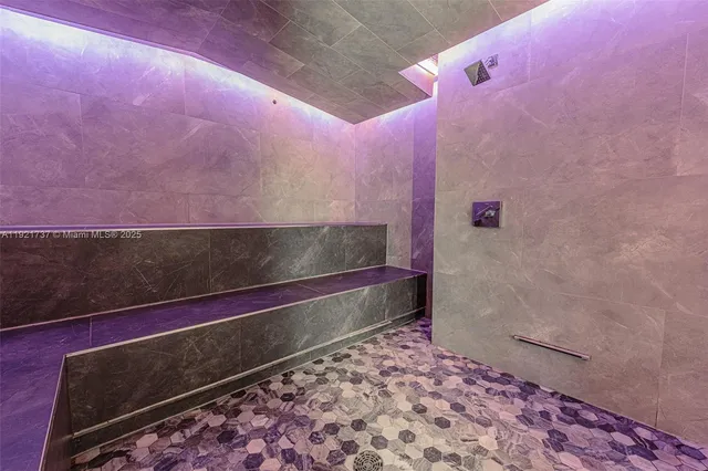 a living room with a rug