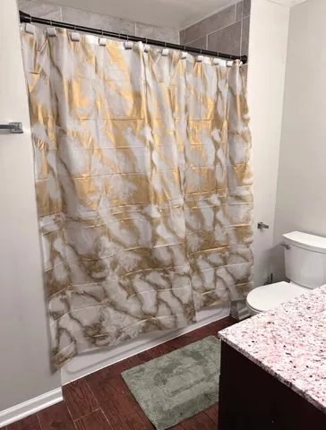 a bathroom with a shower curtain and a toilet