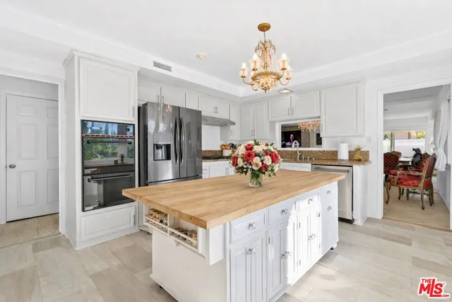 a room with kitchen island a sink appliances and cabinets