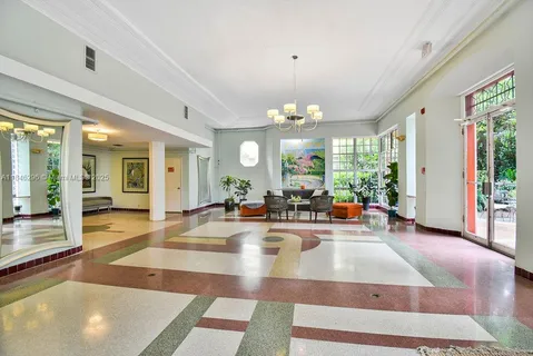 a view of a lobby with a chandelier