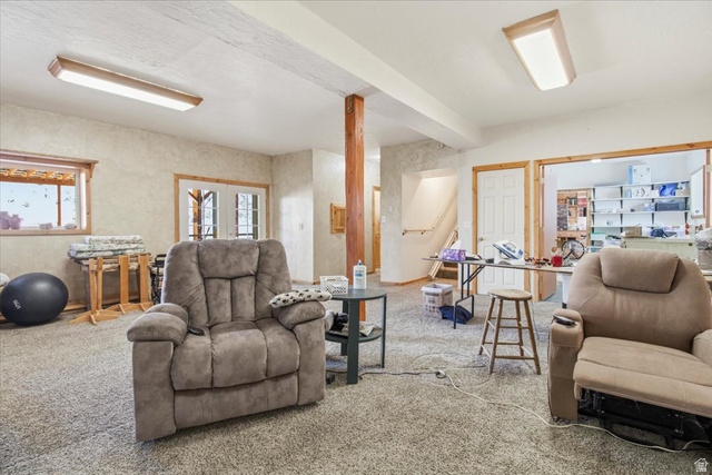 811 East Canyon Road Mayfield, UT 84643 - Photo 25 of 57 Versatile room featuring textured wall finishes, carpeted flooring, and exposed wood structural elements
