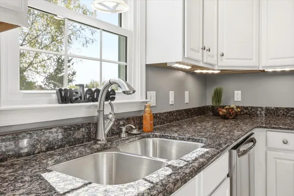 a bathroom with a granite countertop double vanity sink and a mirror