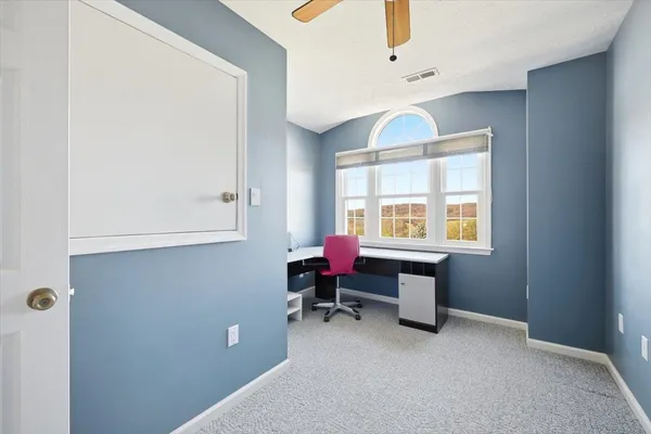 a view of a garden with mountains in the background