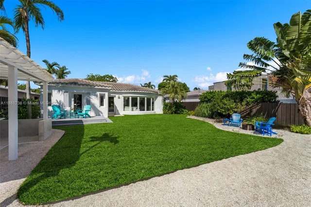 a view of house in front of a big yard with large trees