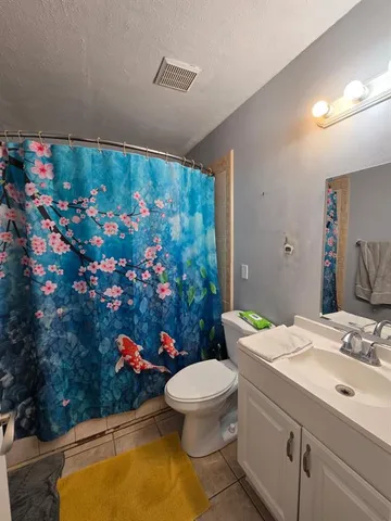 a bathroom with a sink mirror vanity and toilet
