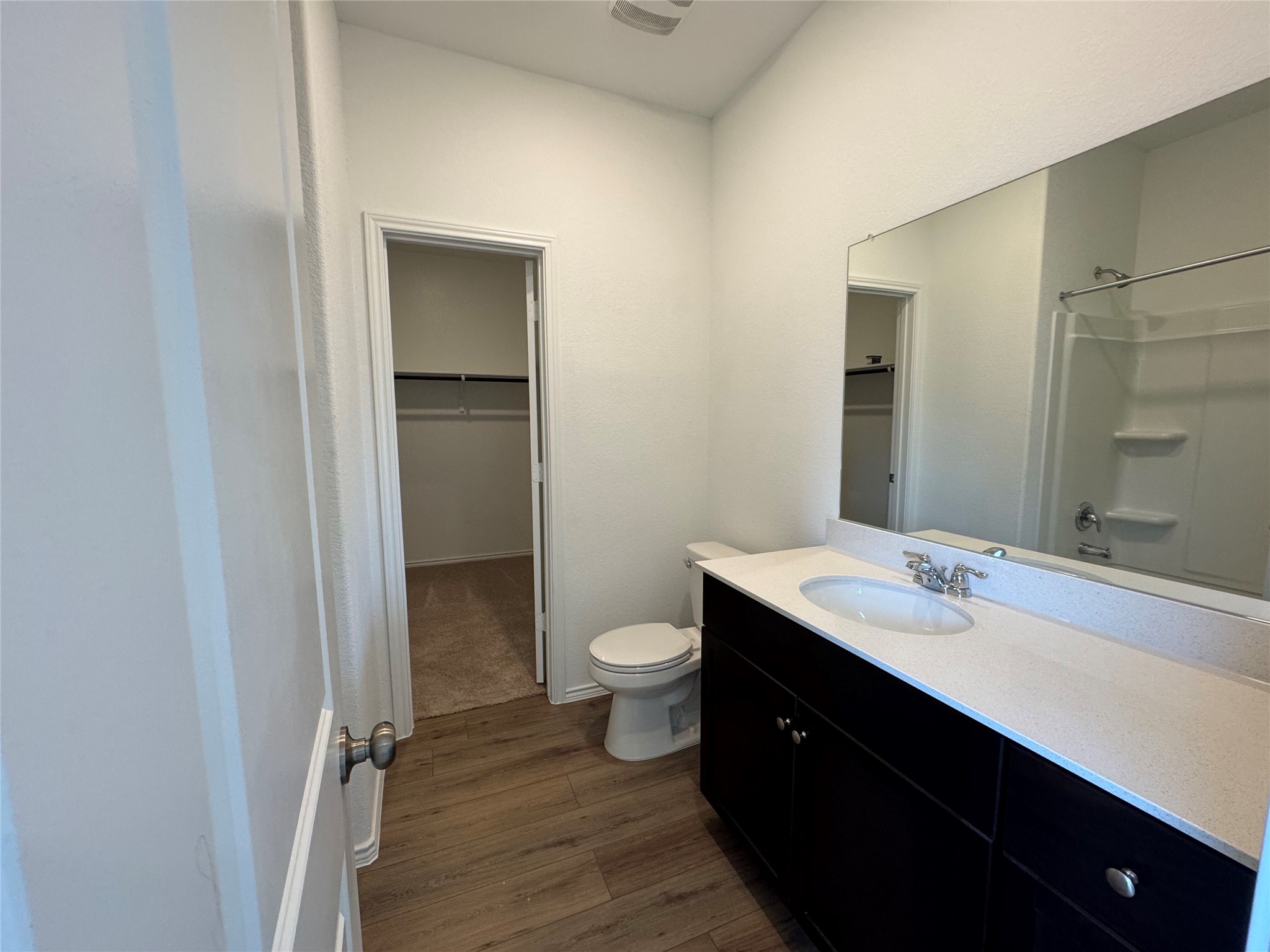 203 Tufted Duck Path Kyle, TX 78640 - Photo 18 of 19 Full bath featuring vanity, a spacious closet, and dark wood-type flooring