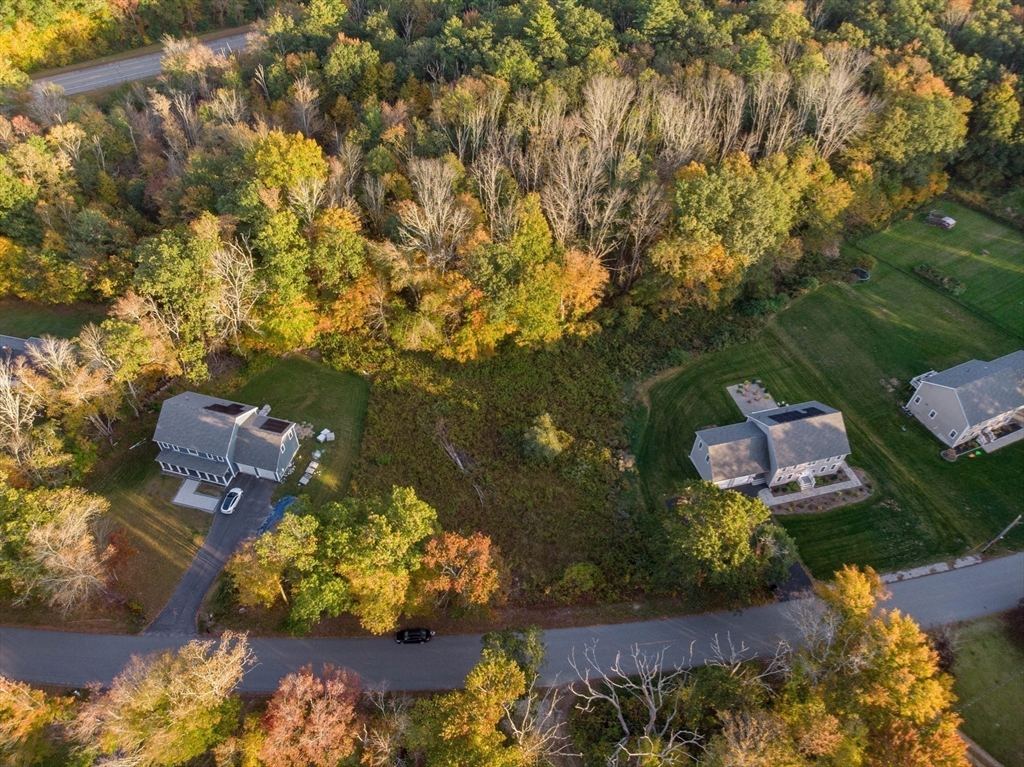 an aerial view of a house with a yard and lake view