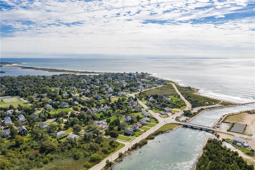 Aerial view of most of Weekapaug. See Fenway Beach (mid photo on right) and the Barrier beach (upper left of photo). Note approximated outline of 11 Weekapaug Road parcel.