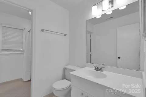 a bathroom with a sink vanity granite toilet and a mirror