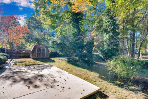 a view of a backyard with large trees