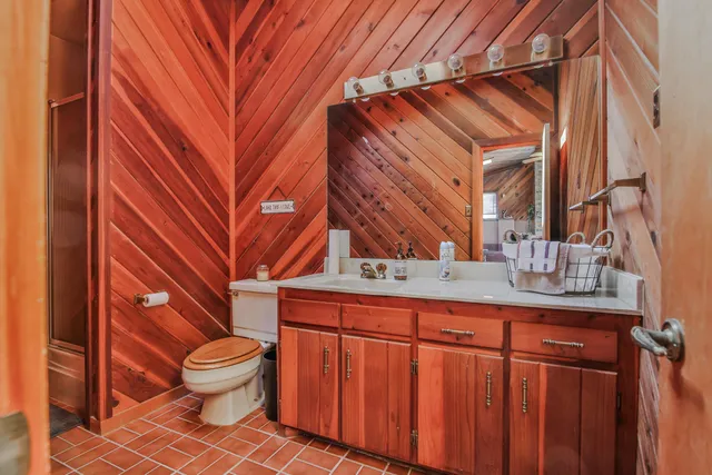 a bathroom with a toilet a sink and mirror