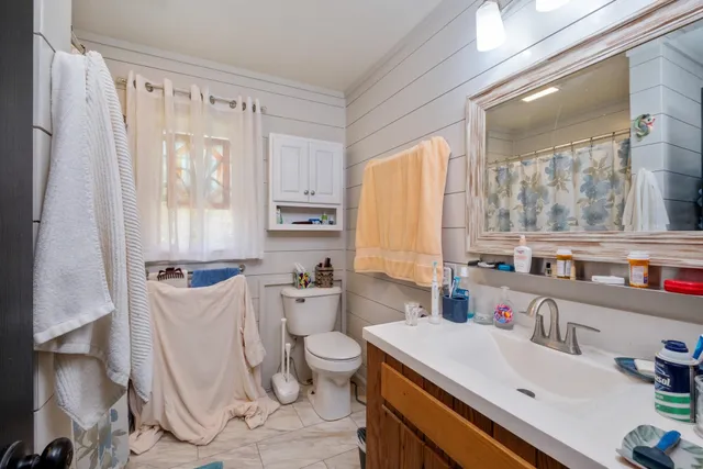 a bathroom with a sink a toilet and a mirror