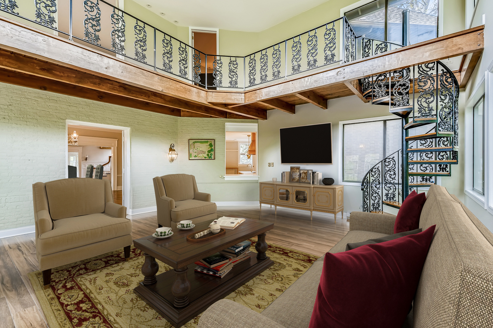 321 North Delaplaine Road Riverside, IL 60546 - Photo 23 of 52 a living room with furniture a flat screen tv and a floor to ceiling window